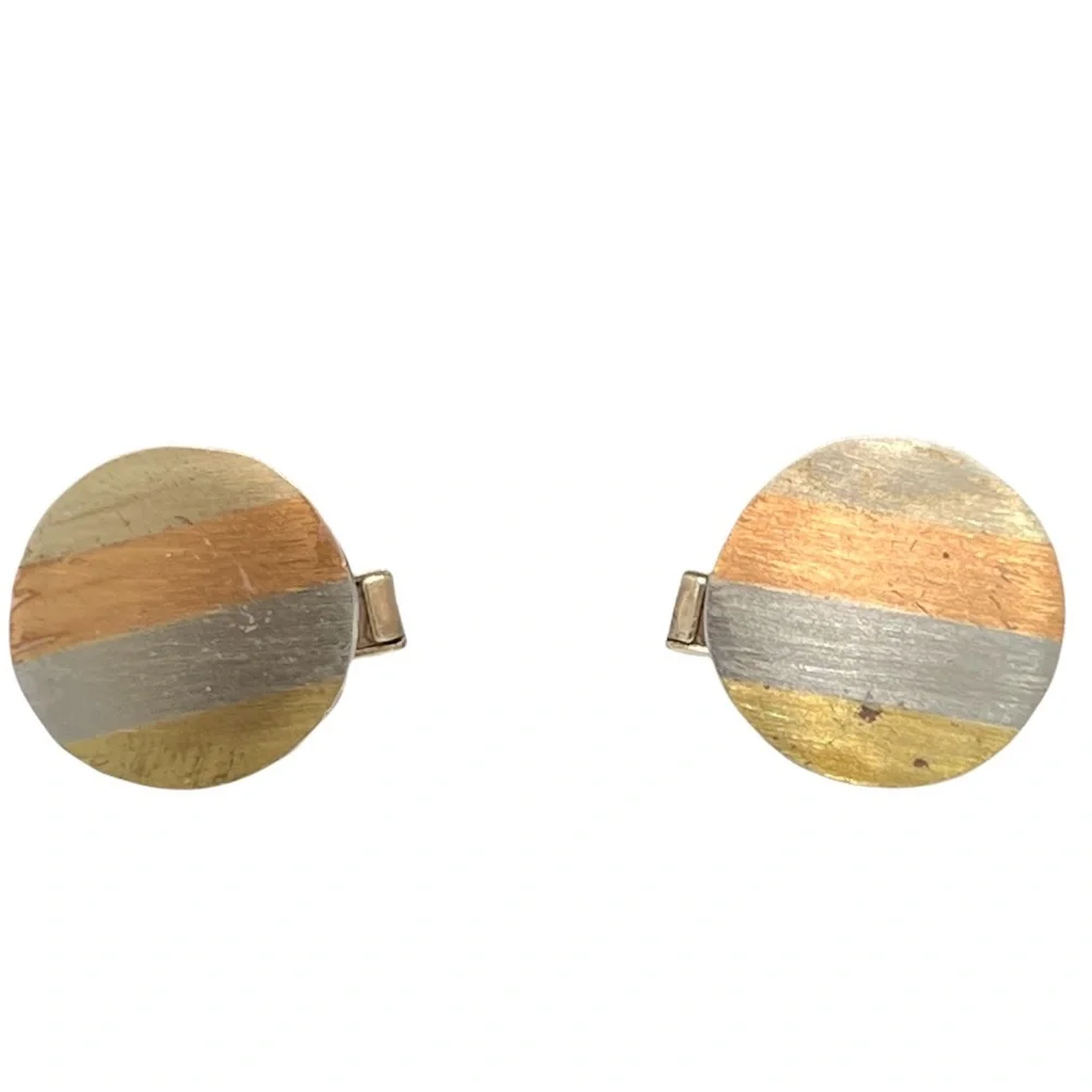 VINTAGE ALPACA MADE IN MEXICO 4 METAL COLOR STRIPE ROUND CUFFLINK